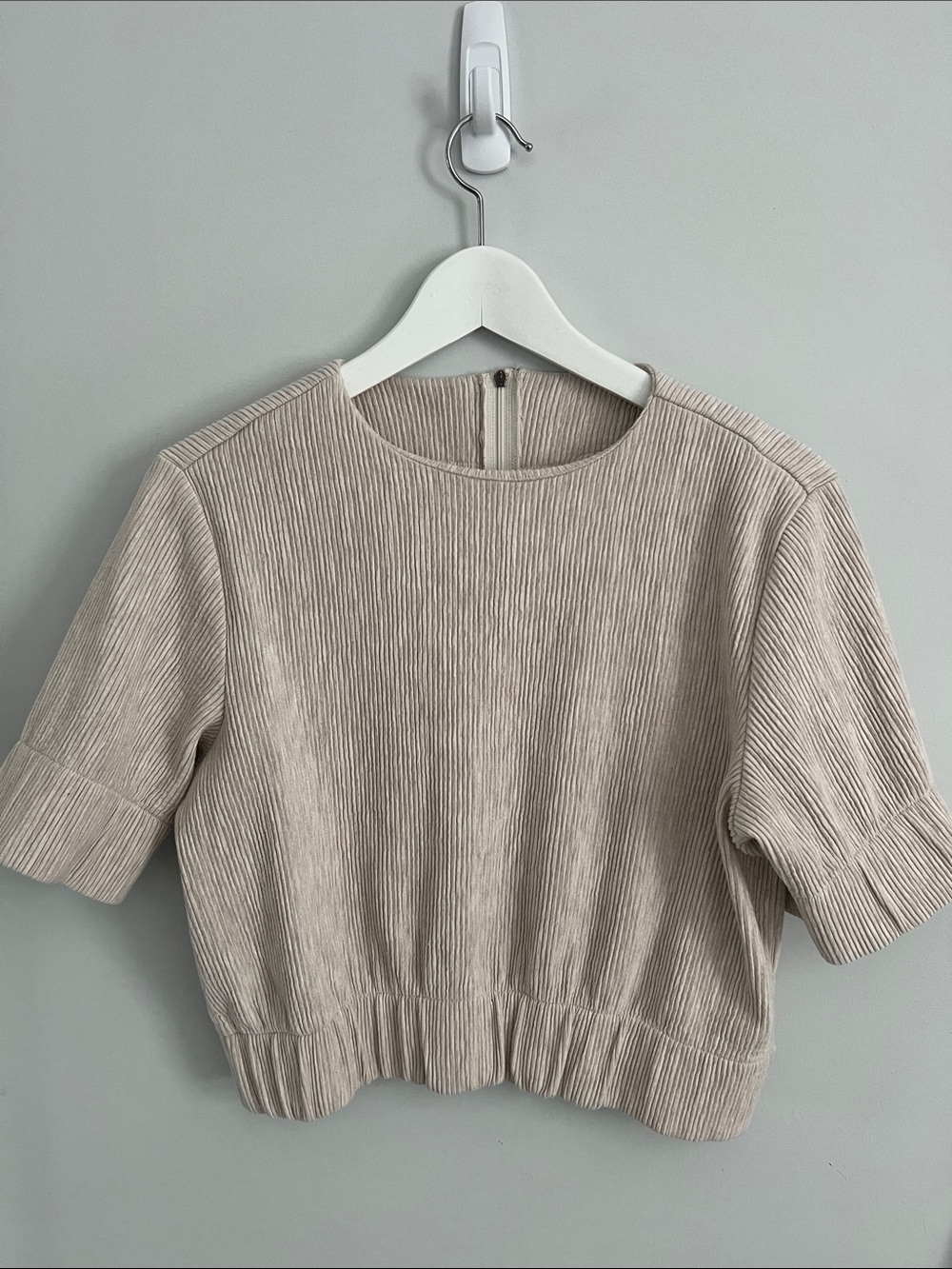 Yargici Women's Short Sleeve Textured Top in Beige. made in turkey.